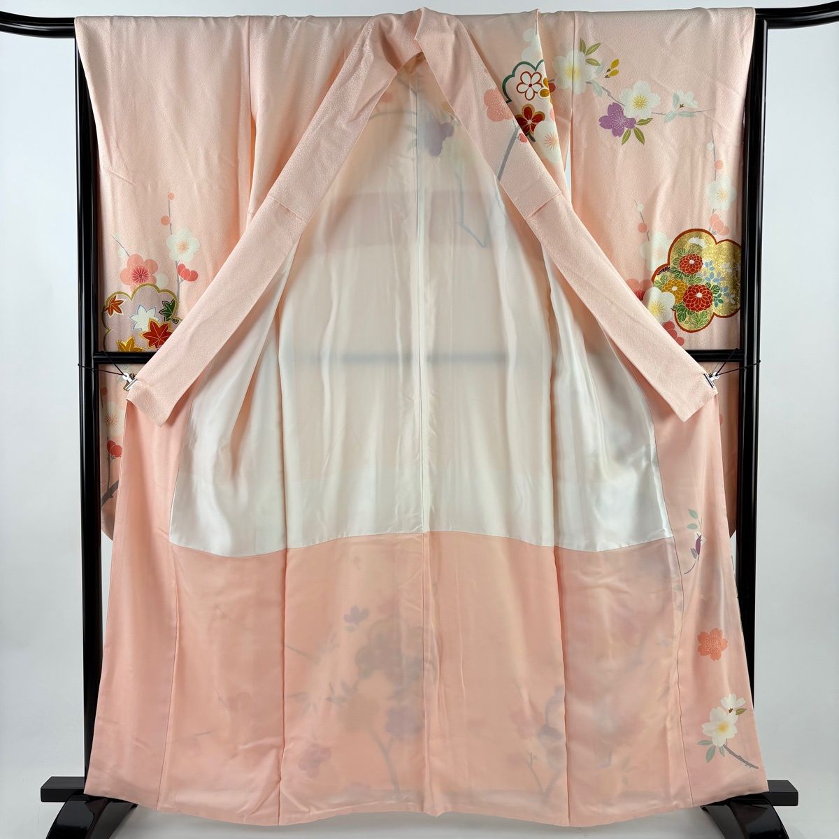  振袖 身丈162 cm 裄丈66.5 M 袷 松竹梅 菊 金糸 金彩 ピンク 正絹 振袖 着物