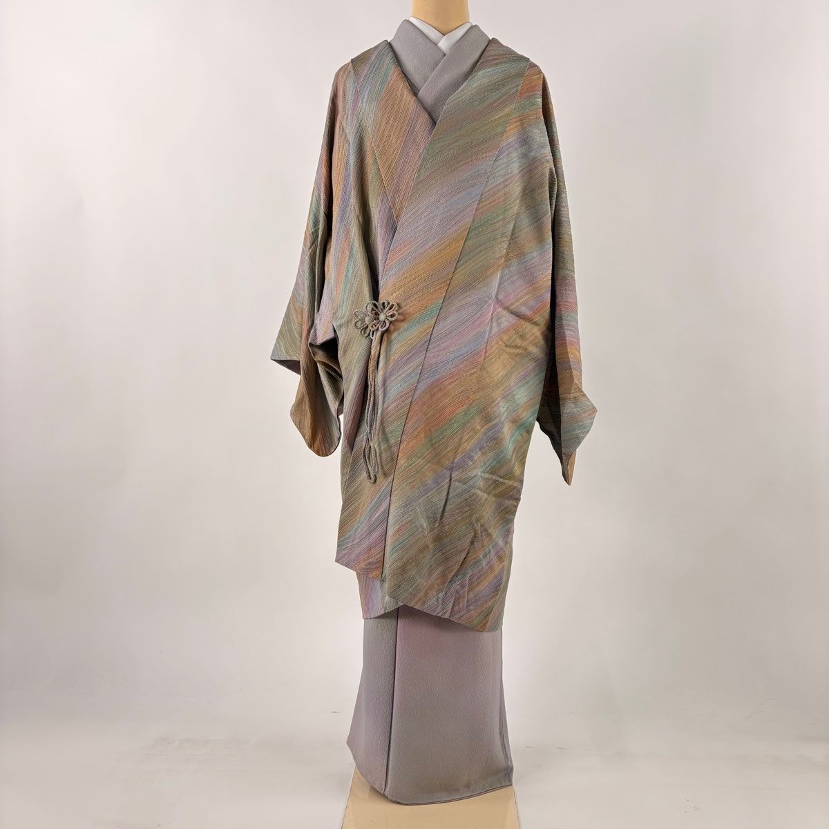 道中着 身丈103 cm 裄丈67 M 和装コート 落款 斜縞 地紋 灰紫 正絹