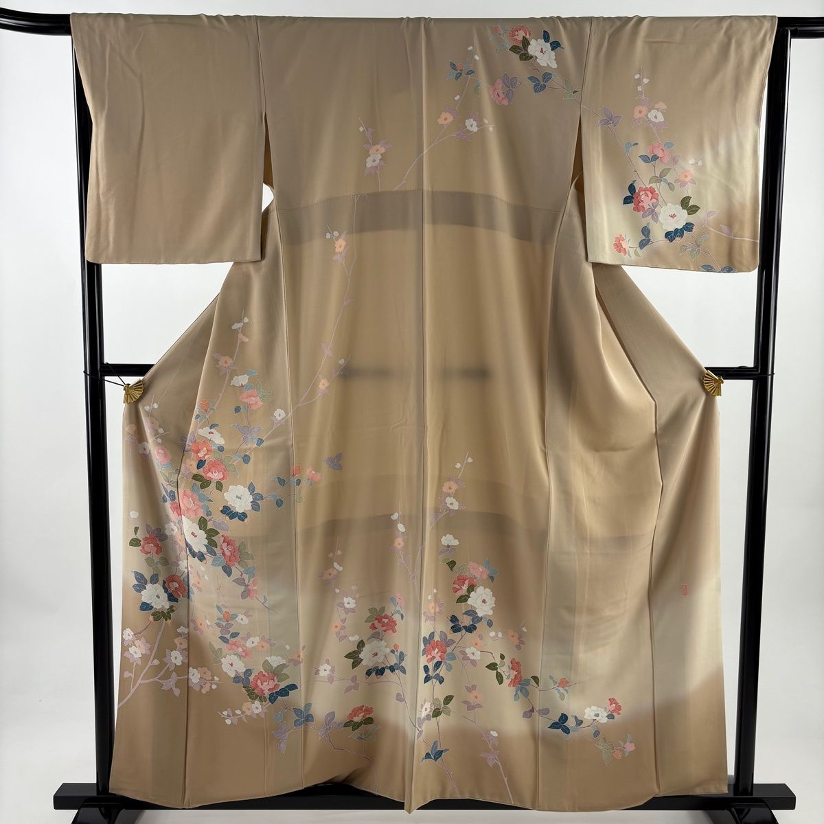 訪問着 身丈158 5 cm 裄丈66 M 袷 落款 枝花 ぼかし 薄茶色 正絹
