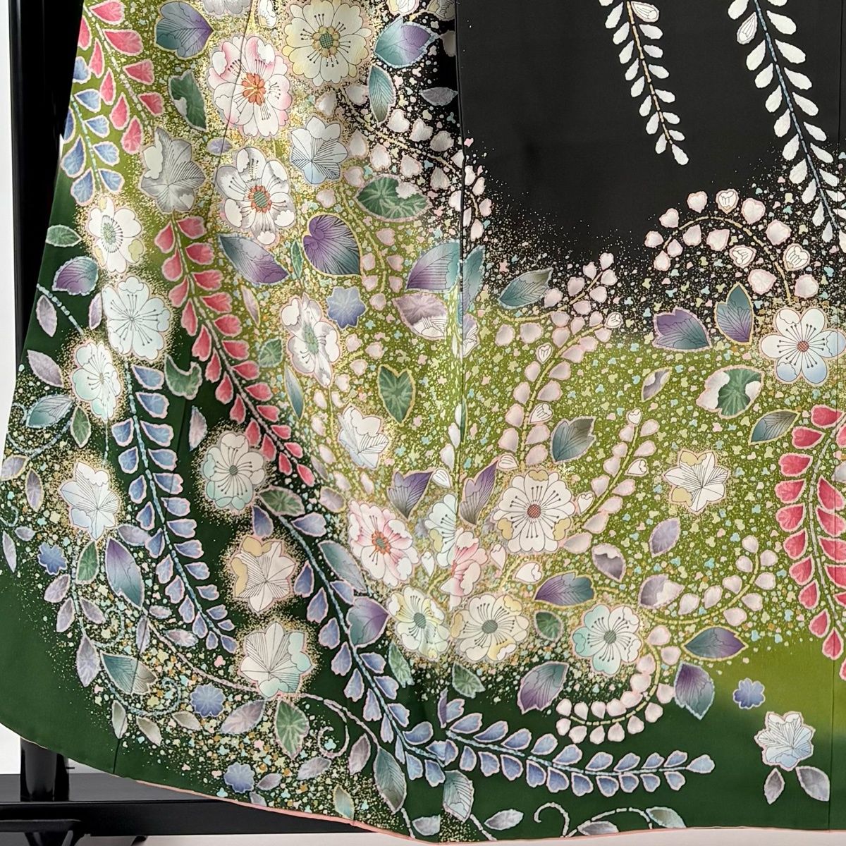 振袖 身丈157.5 cm 裄丈68 L 袷 草花 金糸 箔 墨色 正絹