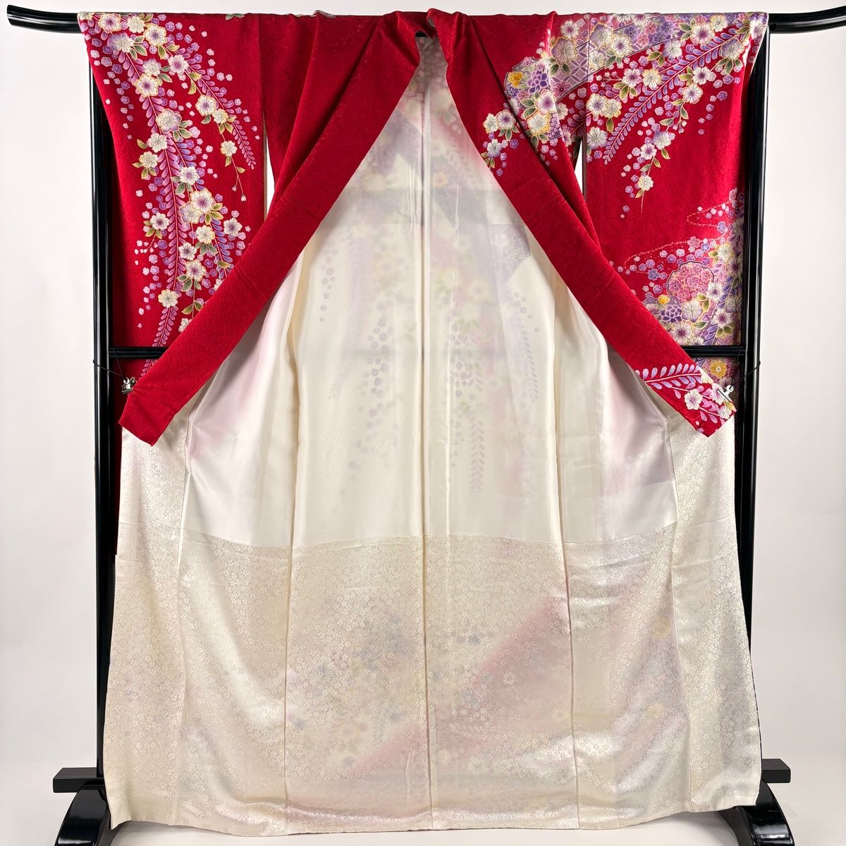 美品】 振袖 身丈171cm 裄丈68cm L 袷 雪輪 草花 金彩 染分け 濃ピンク