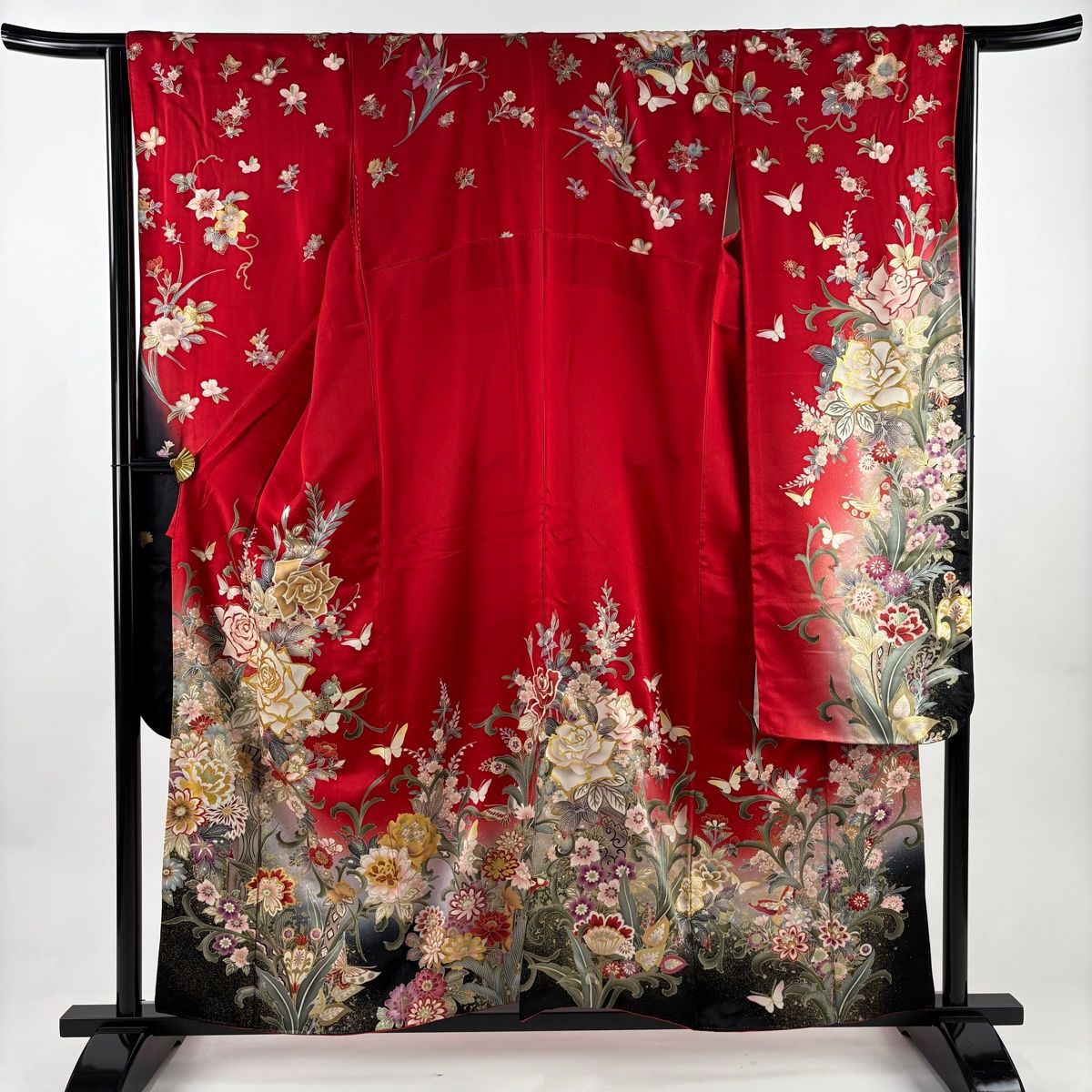 振袖 身丈159cm 裄丈64.5cm M 袷 薔薇 蝶 金糸 金彩 赤 正絹 名品