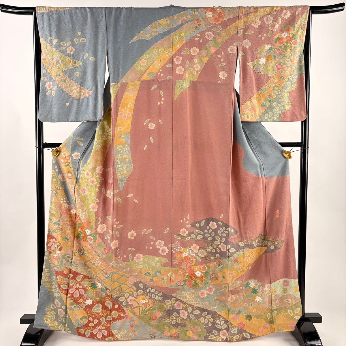 訪問着 身丈166 cm 裄丈66 M 袷 落款 雪輪 草花 金糸 金彩 小豆色 正絹