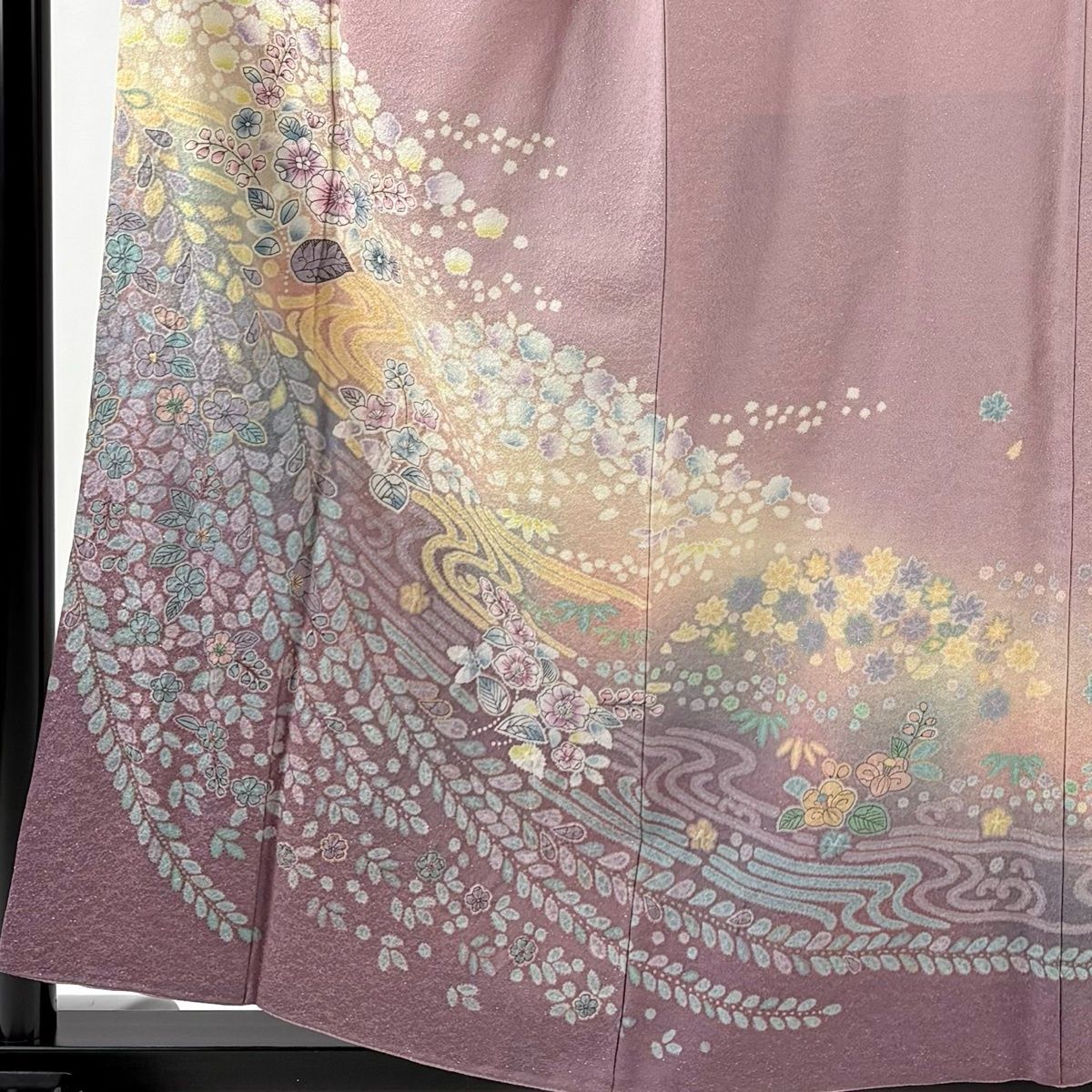 訪問着 身丈157.5 cm 裄丈64.5 M 袷 草花 流水 銀通し ぼかし 薄紫 正絹