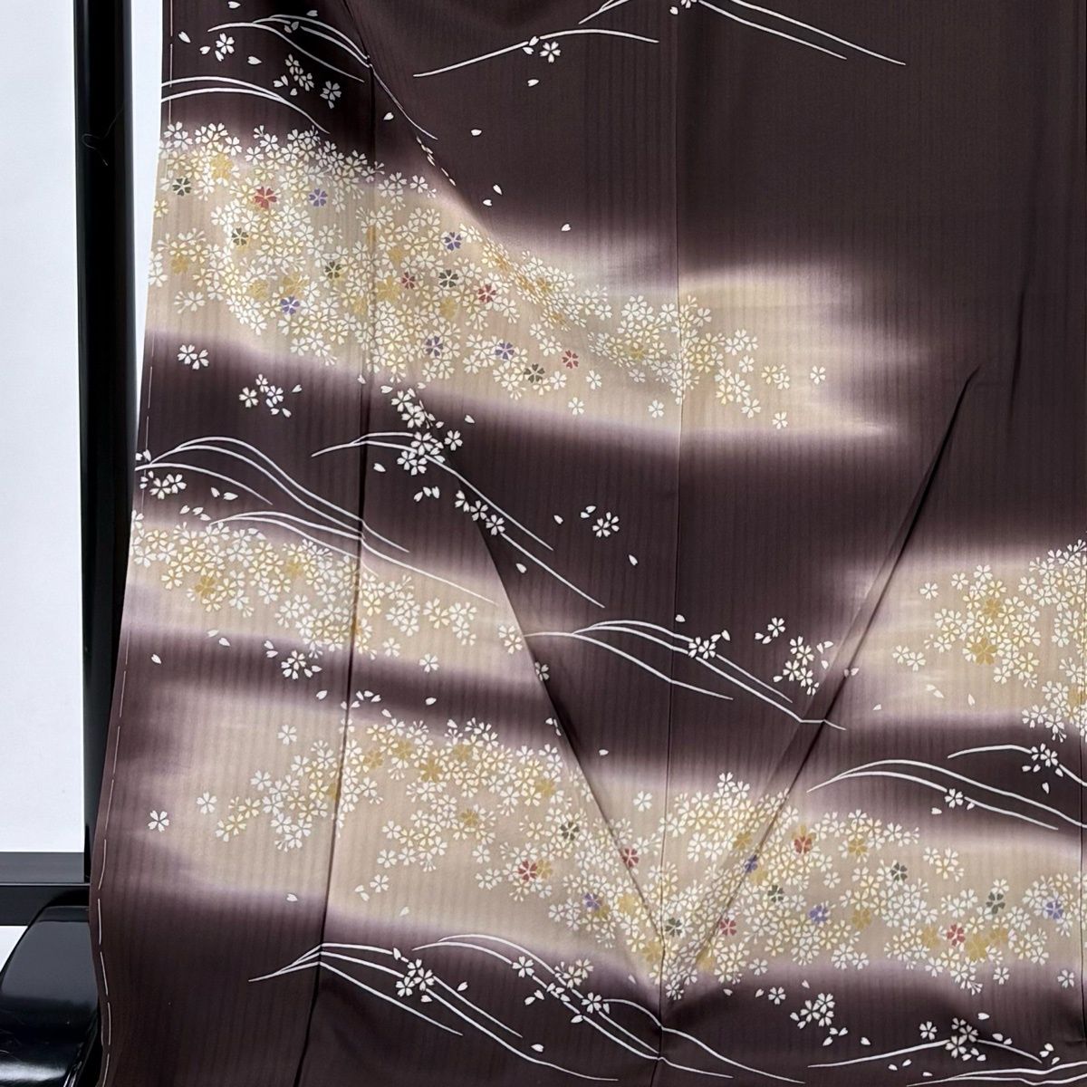 訪問着 身丈174 cm 裄丈70 L 袷 柿渋染 京友禅 証紙 桜 霞 金彩 ぼかし 焦茶色 正絹