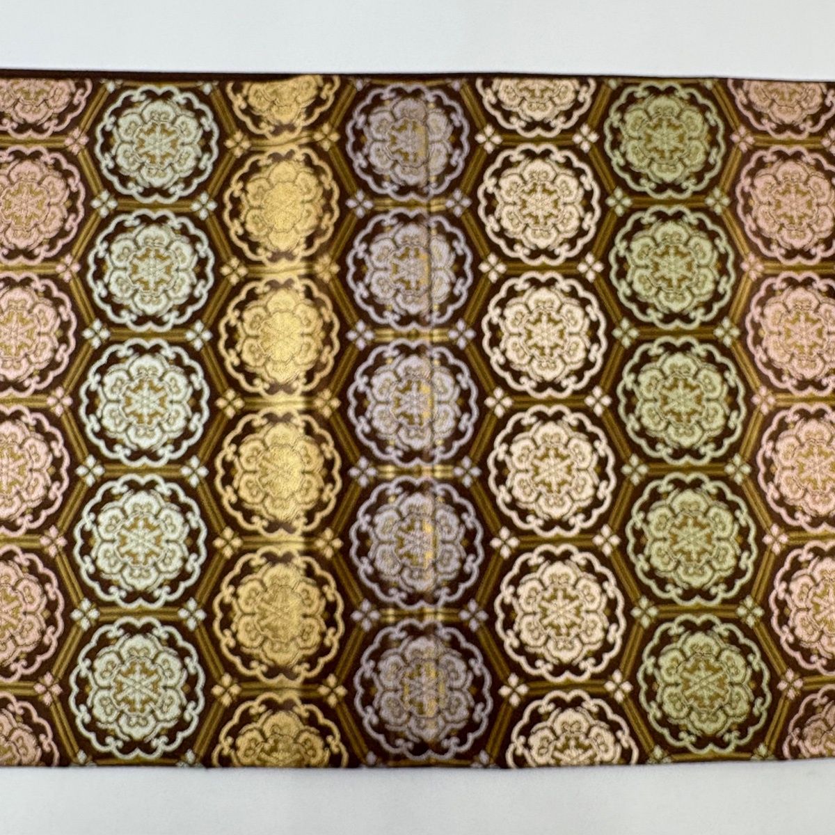 美品】 袋帯 名品 箔屋清兵衛 落款 西陣織 華文 亀甲 箔 茶色 六通