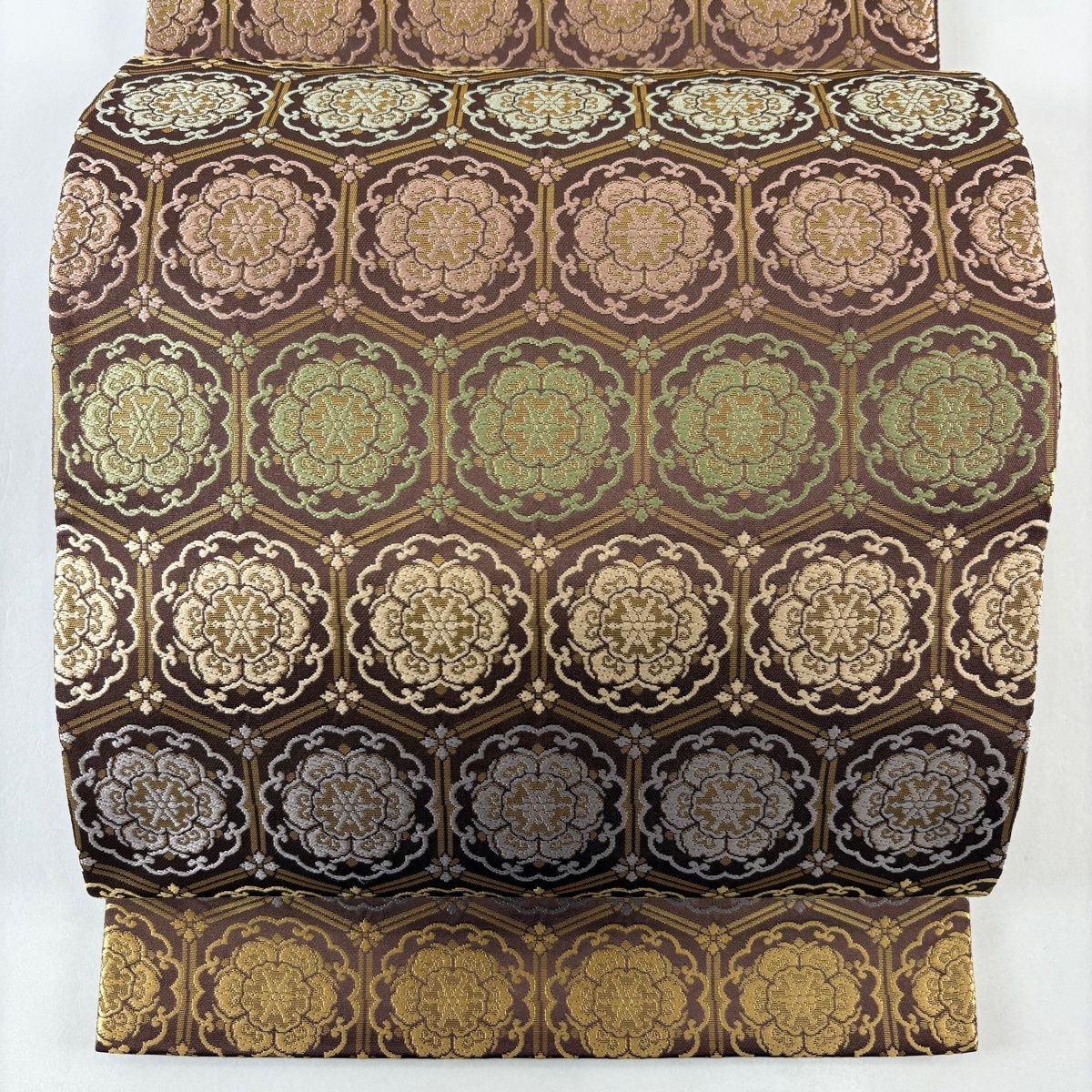 美品】 袋帯 名品 箔屋清兵衛 落款 西陣織 華文 亀甲 箔 茶色 六通