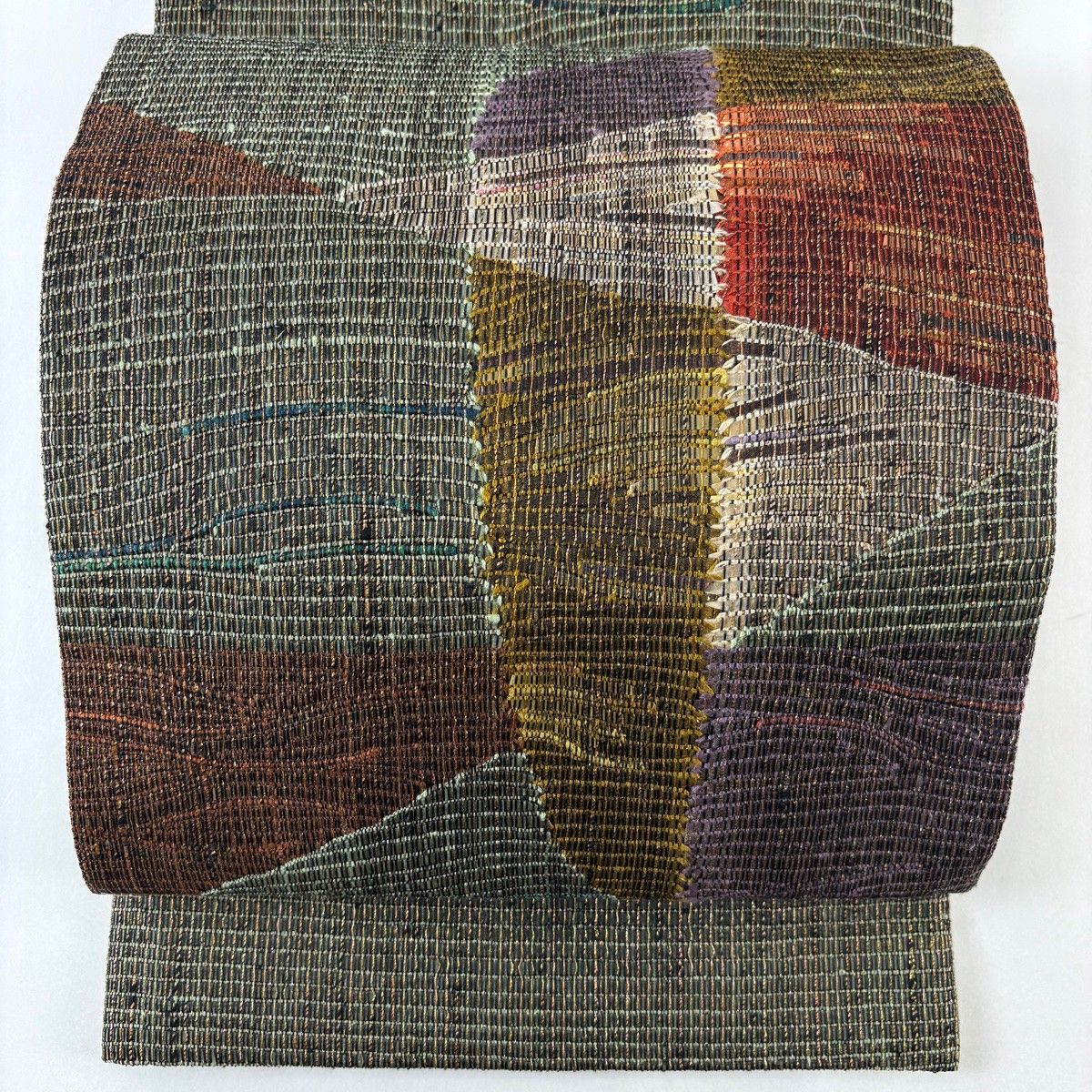 美品】 袋帯 名品 都喜ヱ門 落款 証紙 藤白泥 幾何学模様 金糸 箔 灰緑