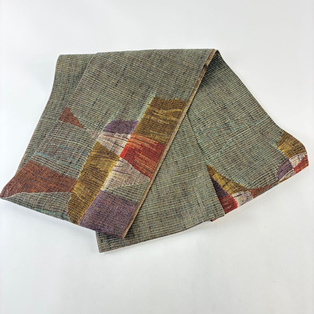 美品】 袋帯 名品 都喜ヱ門 落款 証紙 藤白泥 幾何学模様 金糸 箔 灰緑