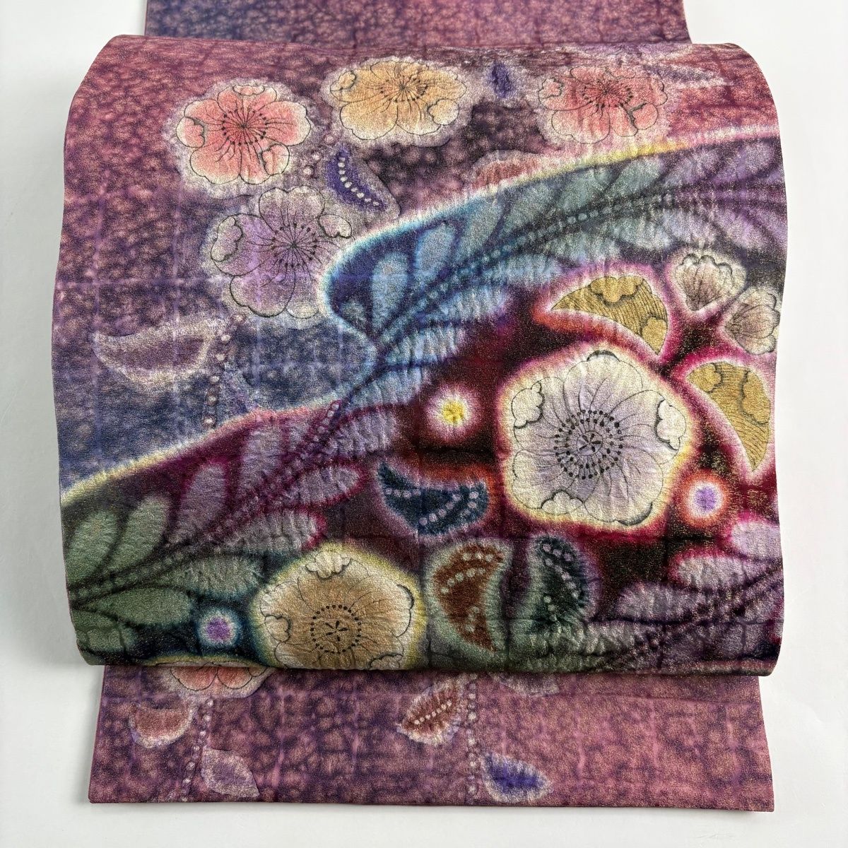 美品】 袋帯 名品 落款 辻が花 霞 金通し ぼかし 紫 お太鼓柄 正絹