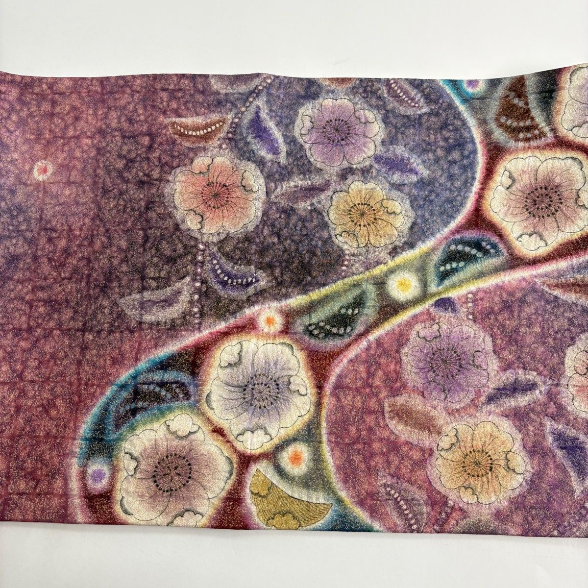 美品】 袋帯 名品 落款 辻が花 霞 金通し ぼかし 紫 お太鼓柄 正絹