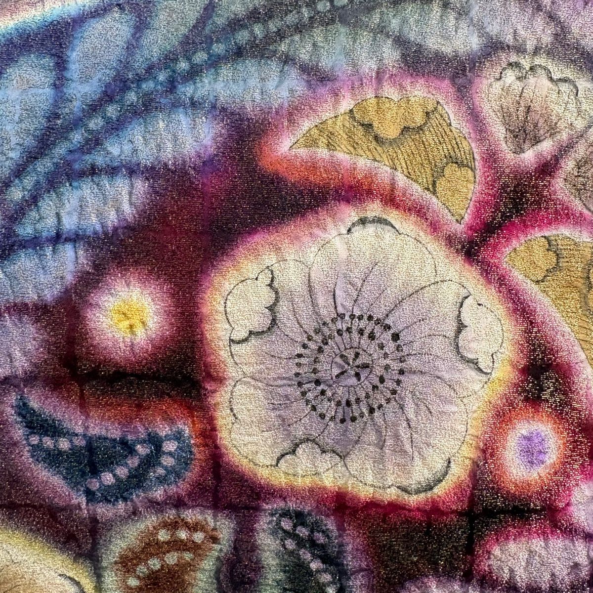 美品】 袋帯 名品 落款 辻が花 霞 金通し ぼかし 紫 お太鼓柄 正絹