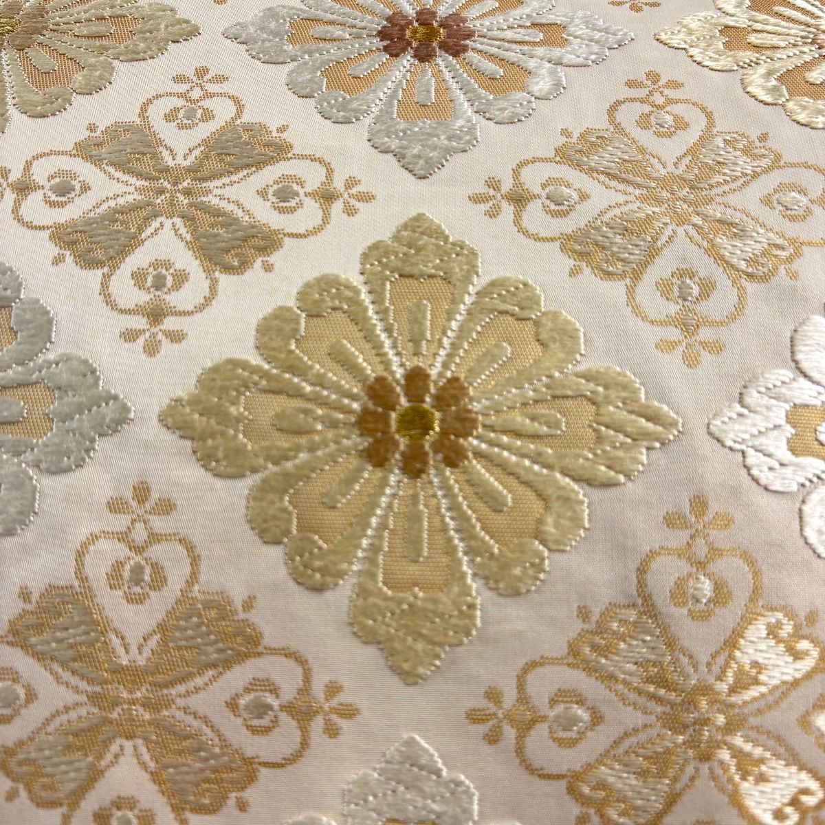 509my12◆志ま亀 唐織 袋帯 六通 花菱 金糸◆美品 袋帯 名品 関西仕立て 花菱 金糸 唐織 ベージュ 六通 正絹 【中古