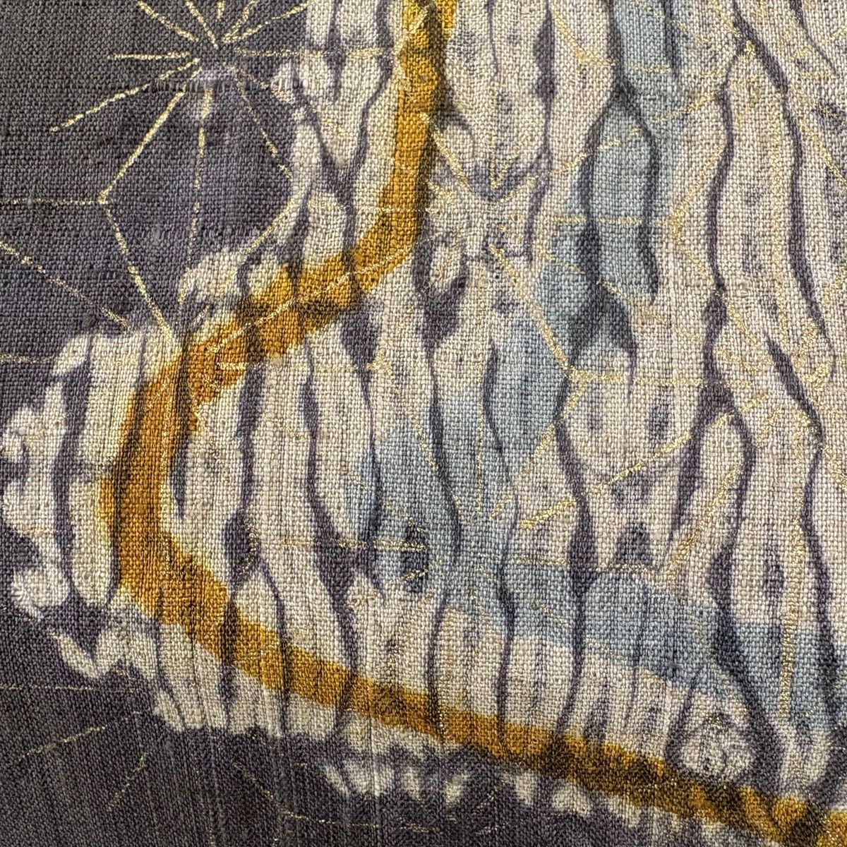 名古屋帯 秀品 紬地 麻の葉 幾何学 金彩 薄茶色 正絹