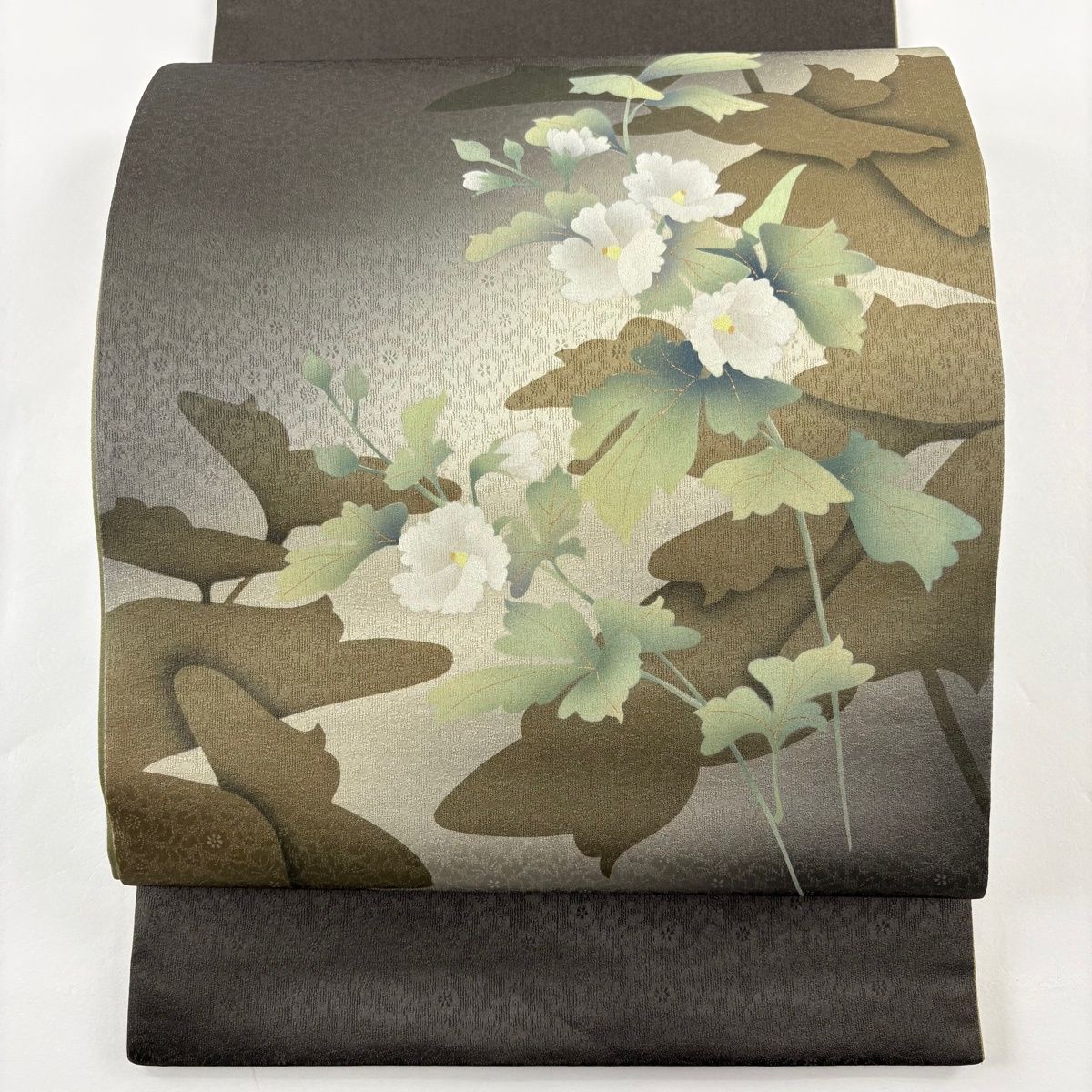 袋帯 秀品 丹下雄介 落款 やまと 草花 金彩 ぼかし 茶緑色 お太鼓柄
