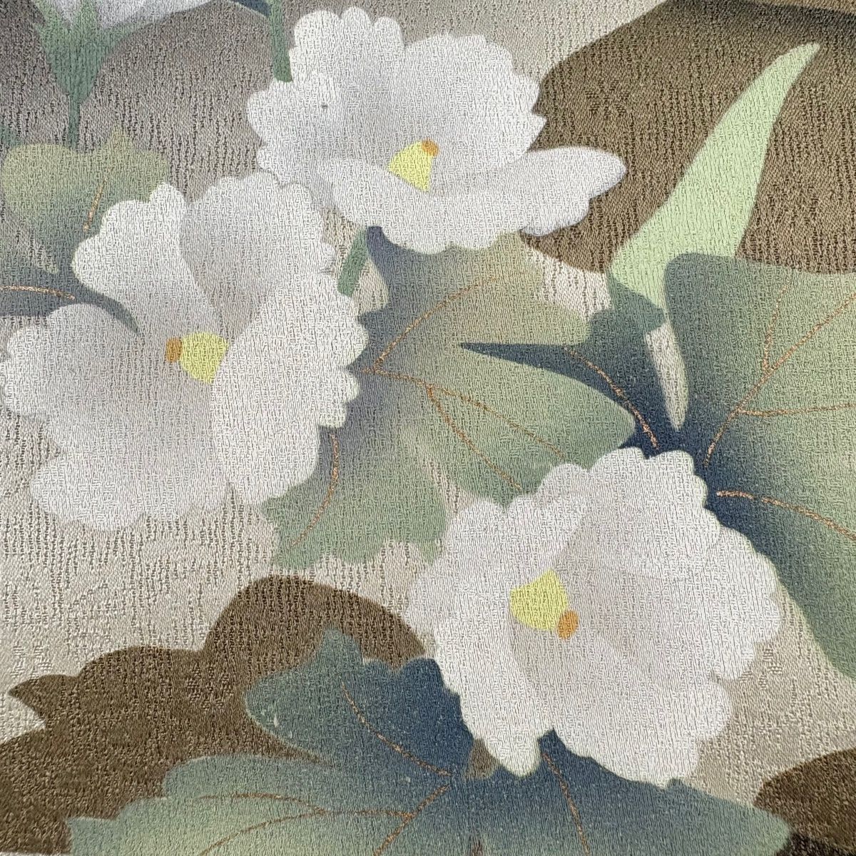 袋帯 秀品 丹下雄介 落款 やまと 草花 金彩 ぼかし 茶緑色 お太鼓柄