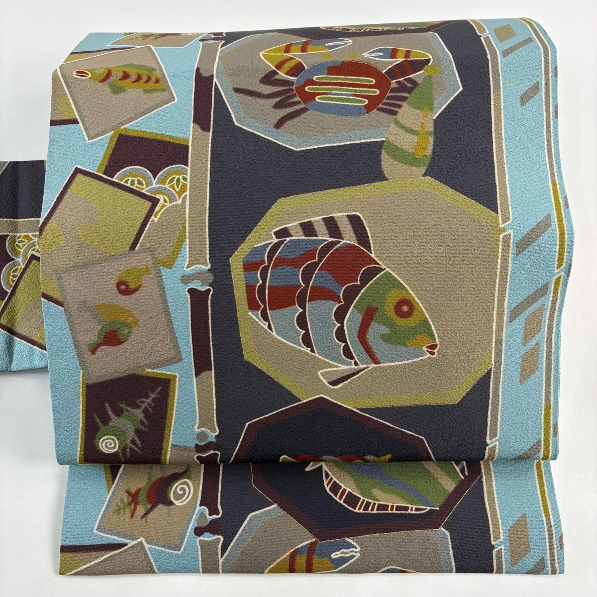 名古屋帯 秀品 魚 カニ 金彩 水色 正絹