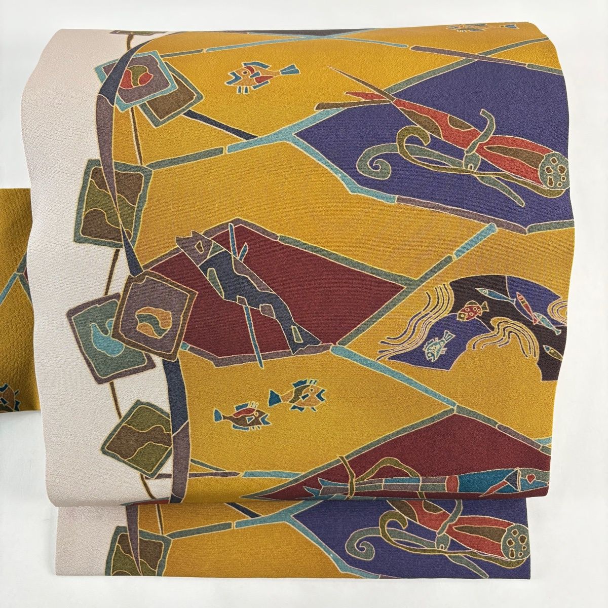 名古屋帯 秀品 魚 野菜 山吹茶色 正絹