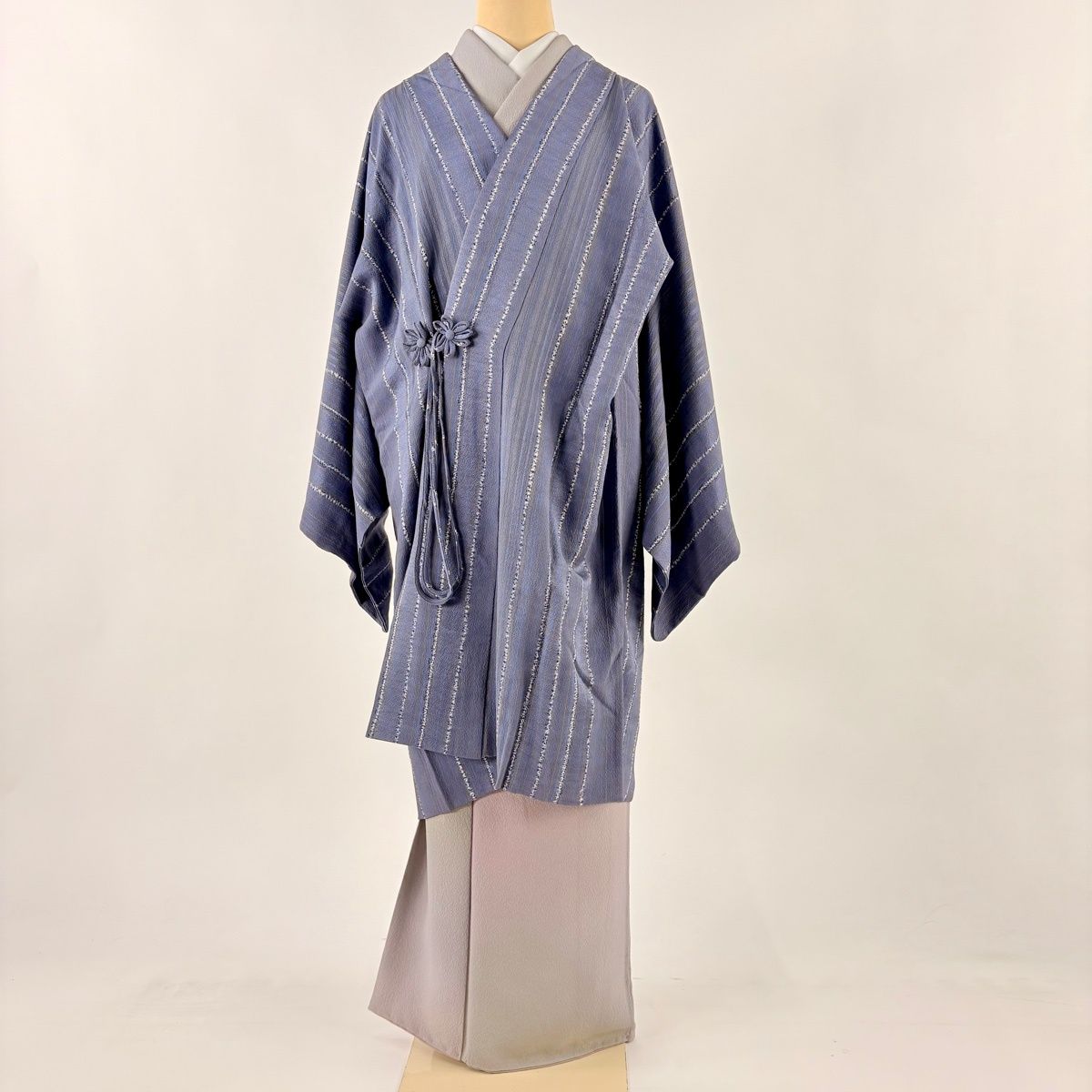 道中着 身丈99.5 cm 裄丈69 L 和装コート 縦縞 花柄 絞り 灰紫 正絹