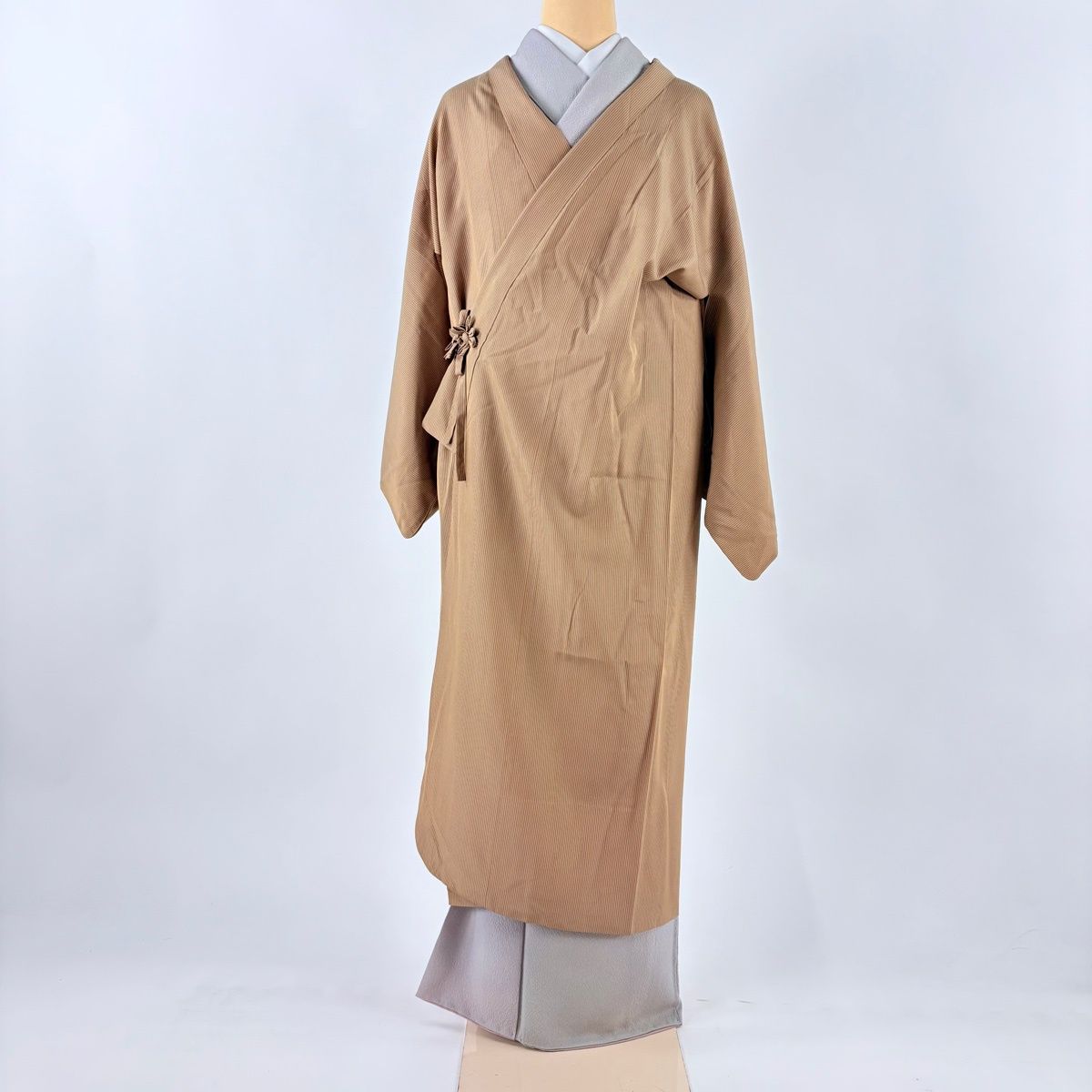 道中着 身丈119 cm 裄丈65.5 M 和装コート 着物衿 紬地 縦縞 薄茶色 正絹
