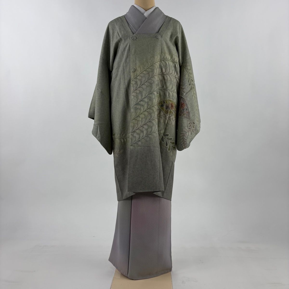 道行 身丈98 cm 裄丈65.5 M 和装コート 角衿 落款 扇面 辻が花柄 ぼかし 灰緑 正絹