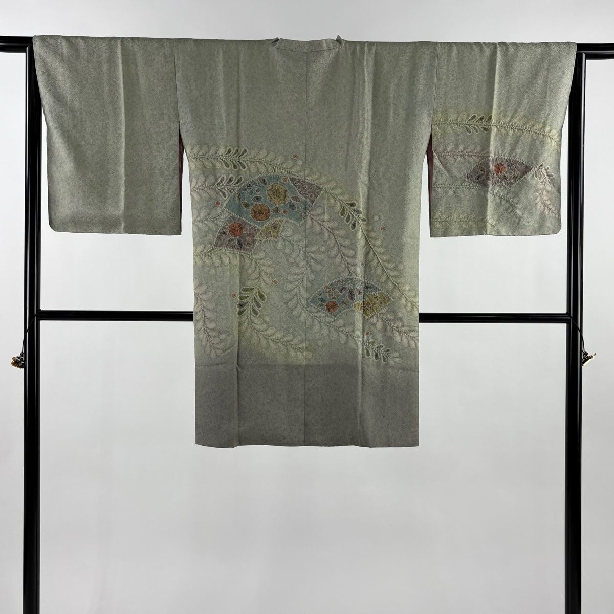 道行 身丈98 cm 裄丈65.5 M 和装コート 角衿 落款 扇面 辻が花柄 ぼかし 灰緑 正絹