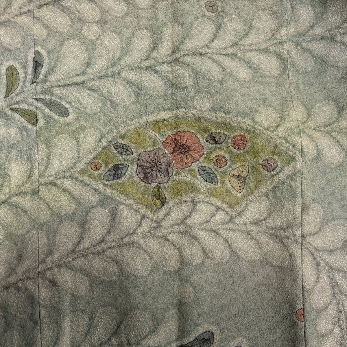  道行 身丈98 cm 裄丈65.5 M 和装コート 角衿 落款 扇面 辻が花柄 ぼかし 灰緑 正絹 羽織 着物 浴衣