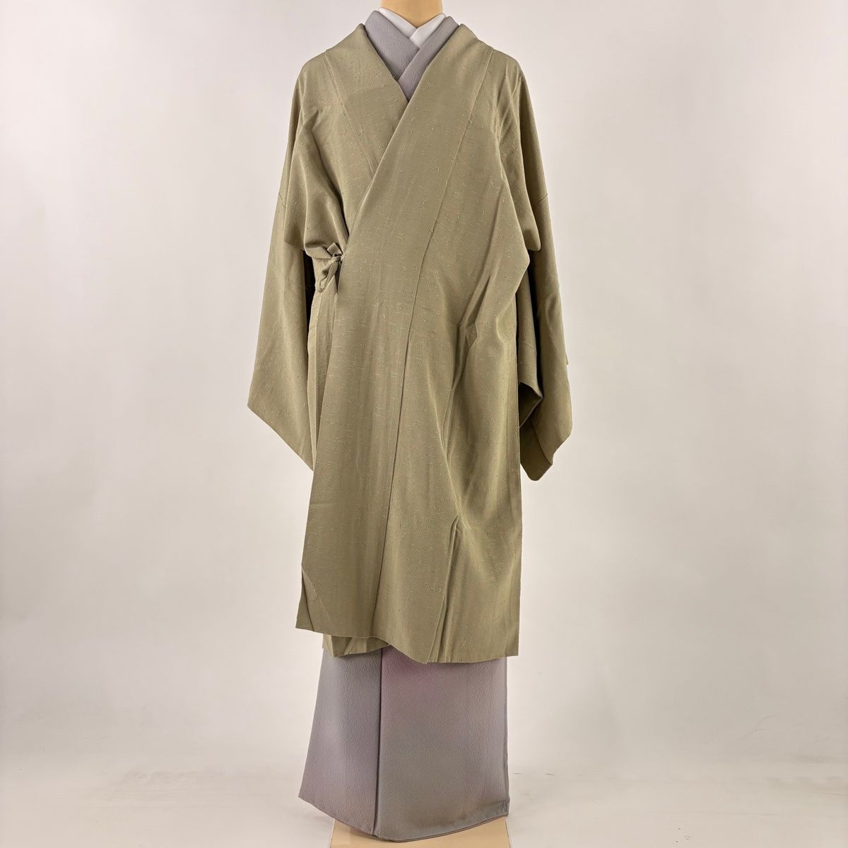 道中着 身丈106 cm 裄丈67 M 紬地 和装コート 灰緑 正絹
