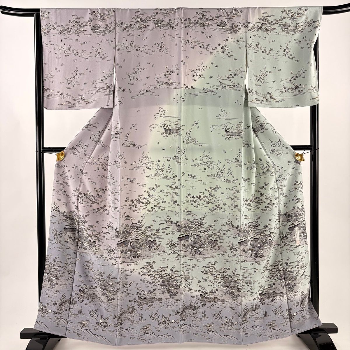 訪問着 身丈162.5 cm 裄丈66.5 M 袷 落款 松竹梅 建物 金彩 ぼかし 灰紫 正絹