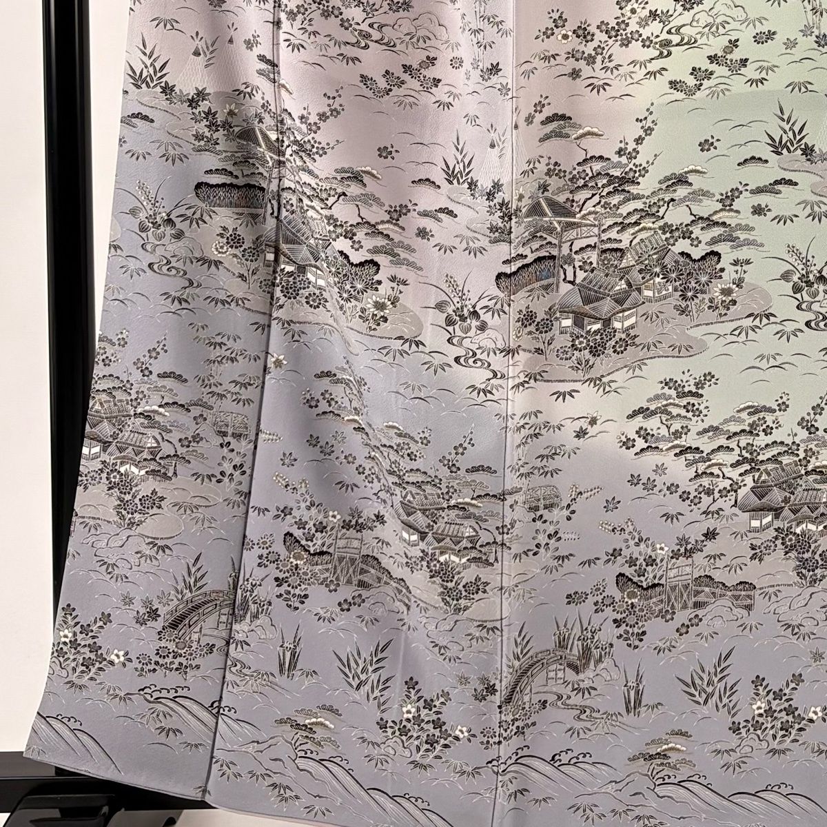 訪問着 身丈162.5 cm 裄丈66.5 M 袷 落款 松竹梅 建物 金彩 ぼかし 灰紫 正絹