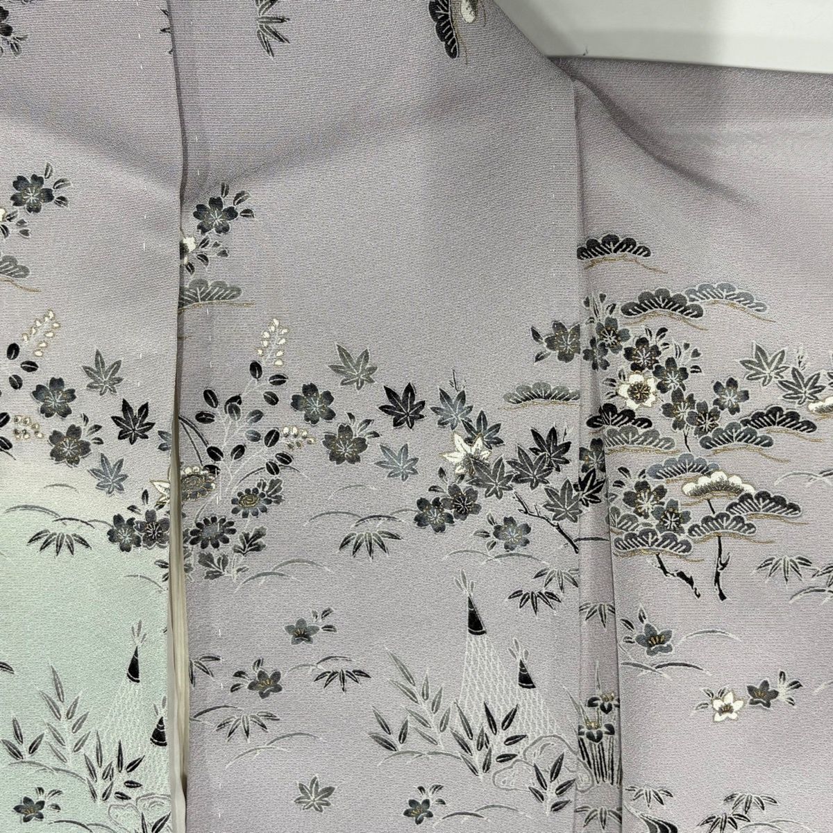 訪問着 身丈162 5 cm 裄丈66 M 袷 落款 松竹梅 建物 金彩 ぼかし 灰紫 正絹 デイリー使い 訪問着 付け下げ 