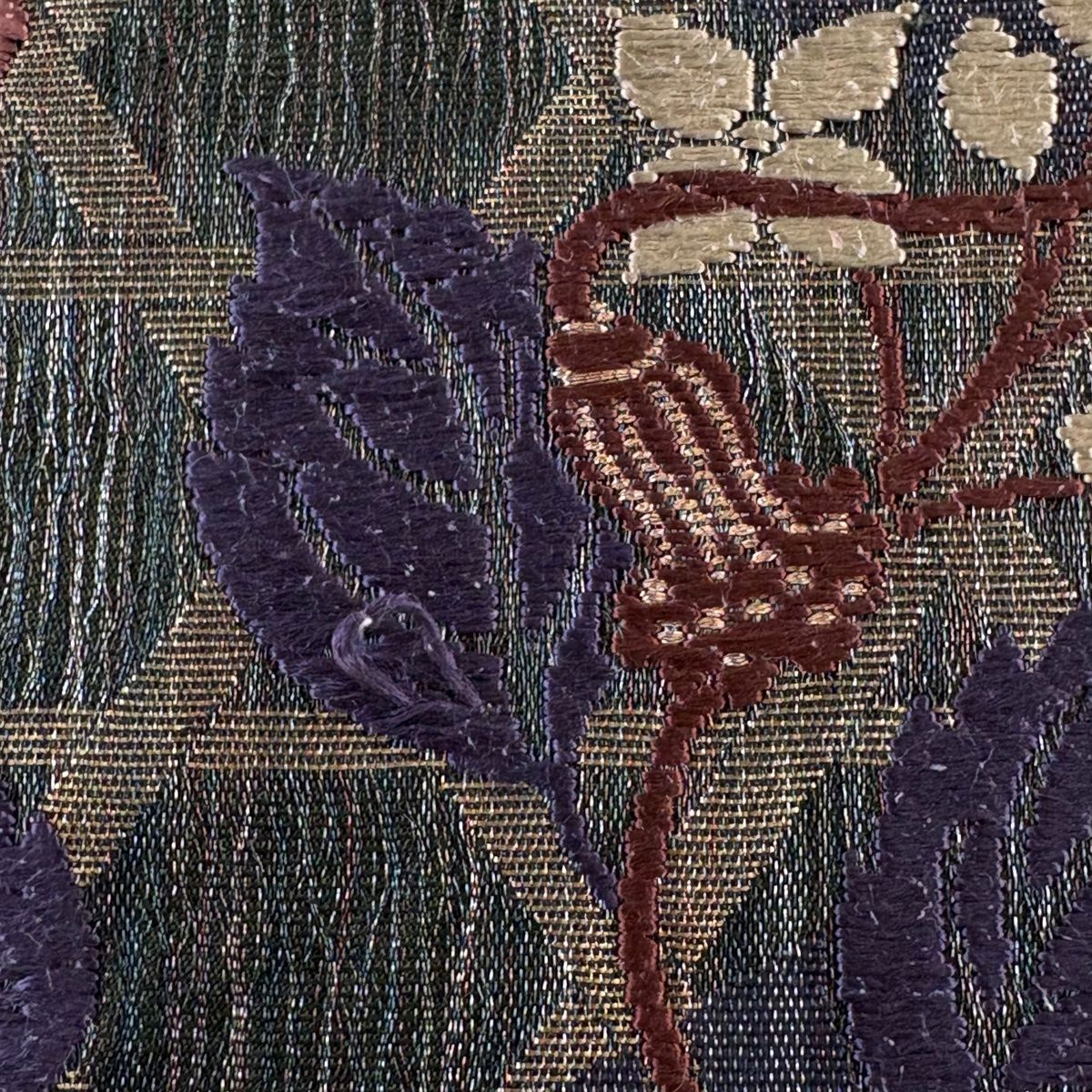 袋帯 名品 花井幸子 落款 お仕覆 草花 唐織 箔 茶緑色 六通 正絹