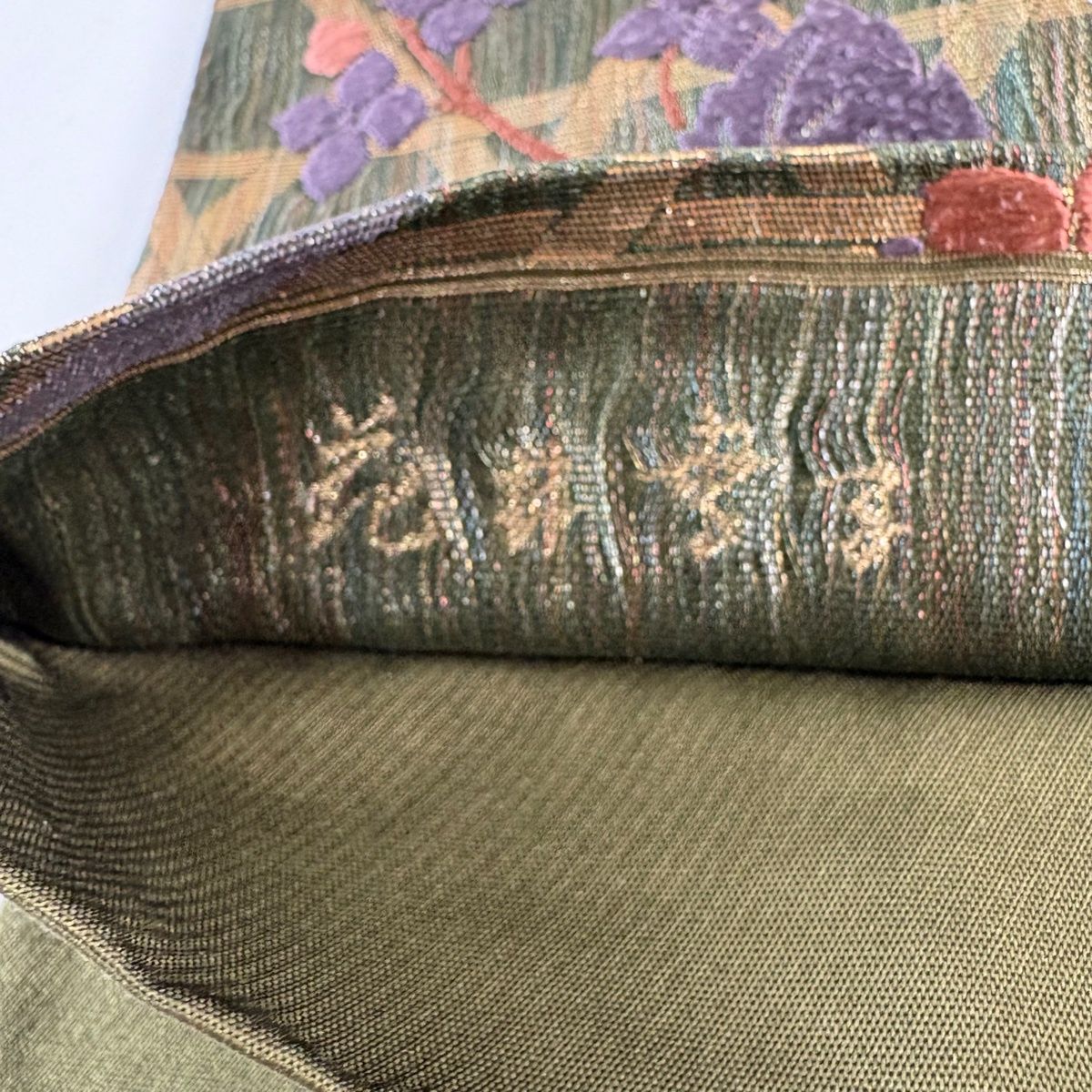 袋帯 名品 花井幸子 落款 お仕覆 草花 唐織 箔 茶緑色 六通 正絹