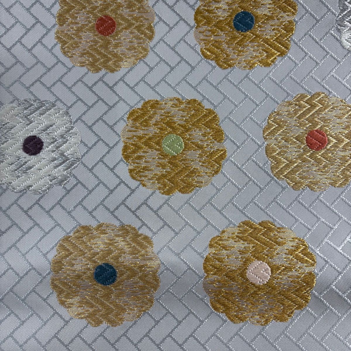 名古屋帯 秀品 花 桧垣 金銀糸 灰色 正絹