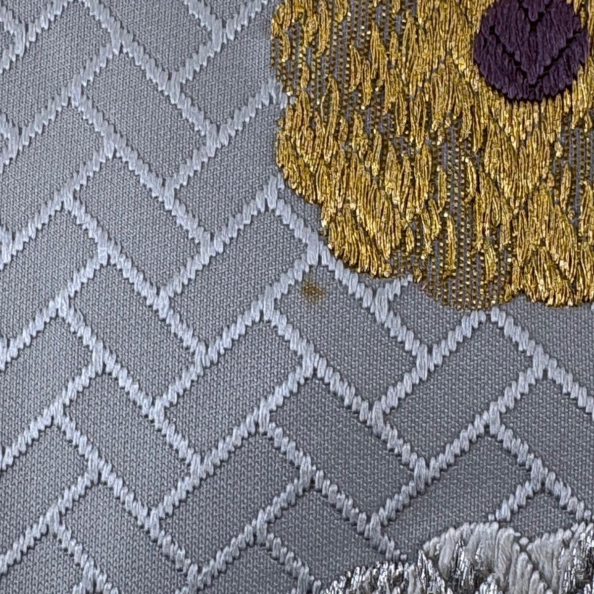  名古屋帯 秀品 花 桧垣 金銀糸 灰色 正絹 名古屋帯 帯