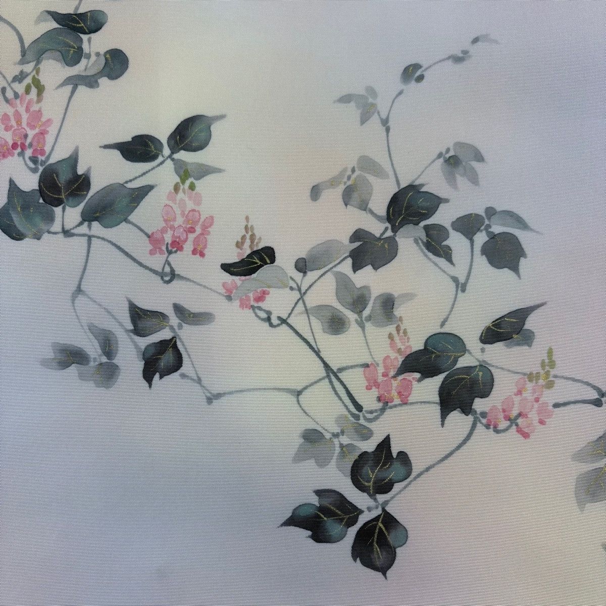 名古屋帯 秀品 枝花 金彩 ぼかし 青灰色 正絹