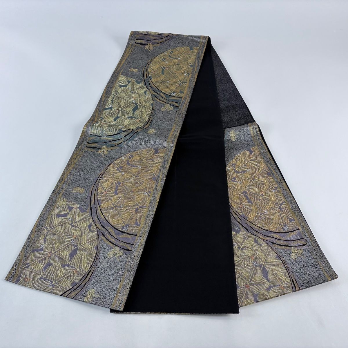 ☆ ゆー☆ 　袋帯 ブラック・シルバーグレー　金銀糸　六通　正絹 ☆ ゆー☆ 様専用 袋帯 ブラック・シルバーグレー 金銀糸 六通 正絹