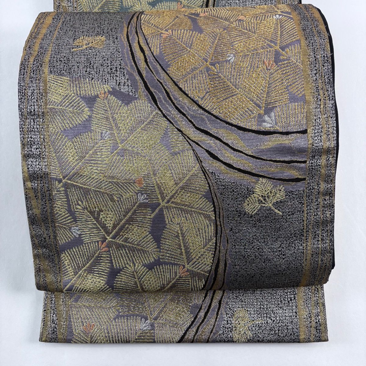 ☆ ゆー☆ 　袋帯 ブラック・シルバーグレー　金銀糸　六通　正絹 Prices down4）振袖 袋帯「シルバー ゆらぎ縞」 未仕立て 正絹帯 振袖