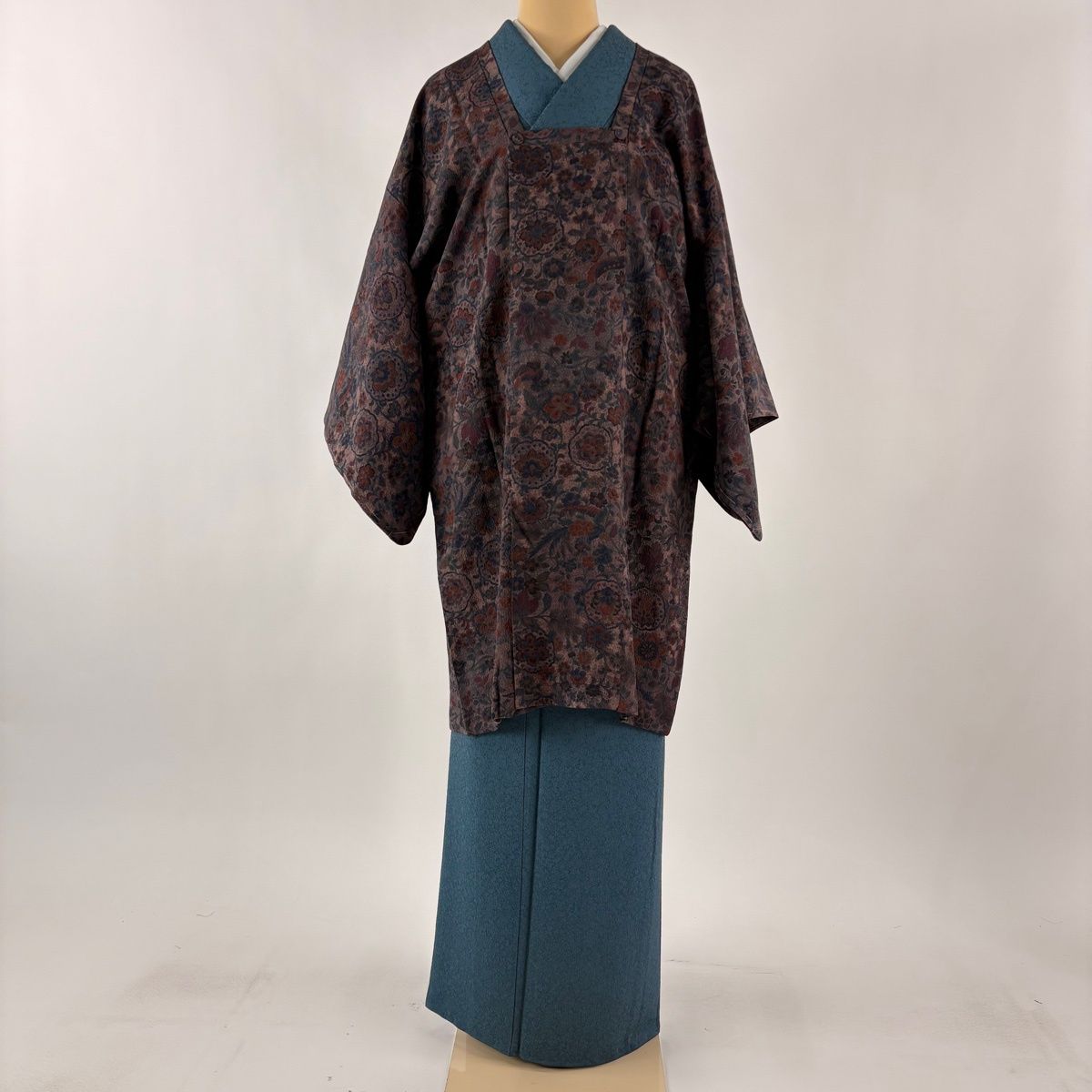 道行 身丈96 cm 裄丈62.5 S 和装コート 角衿 草花 鳥 灰紫 正絹