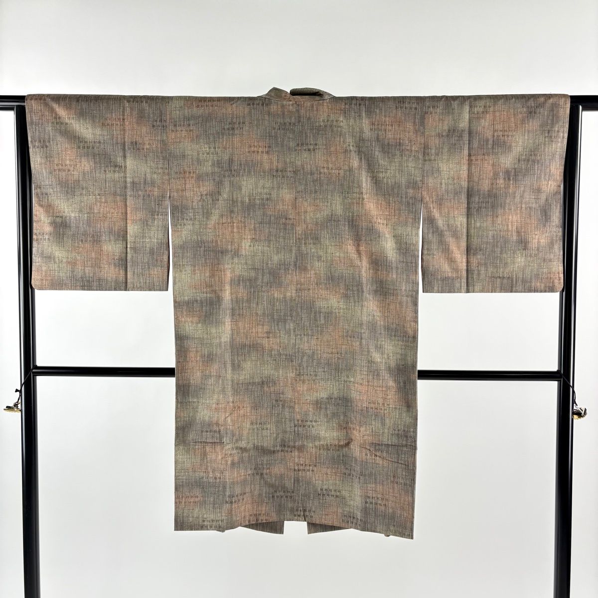 道中着 身丈102 5 cm 裄丈63 S 和装コート 信州紬地 証紙 幾何学模様 縞 灰緑 正絹