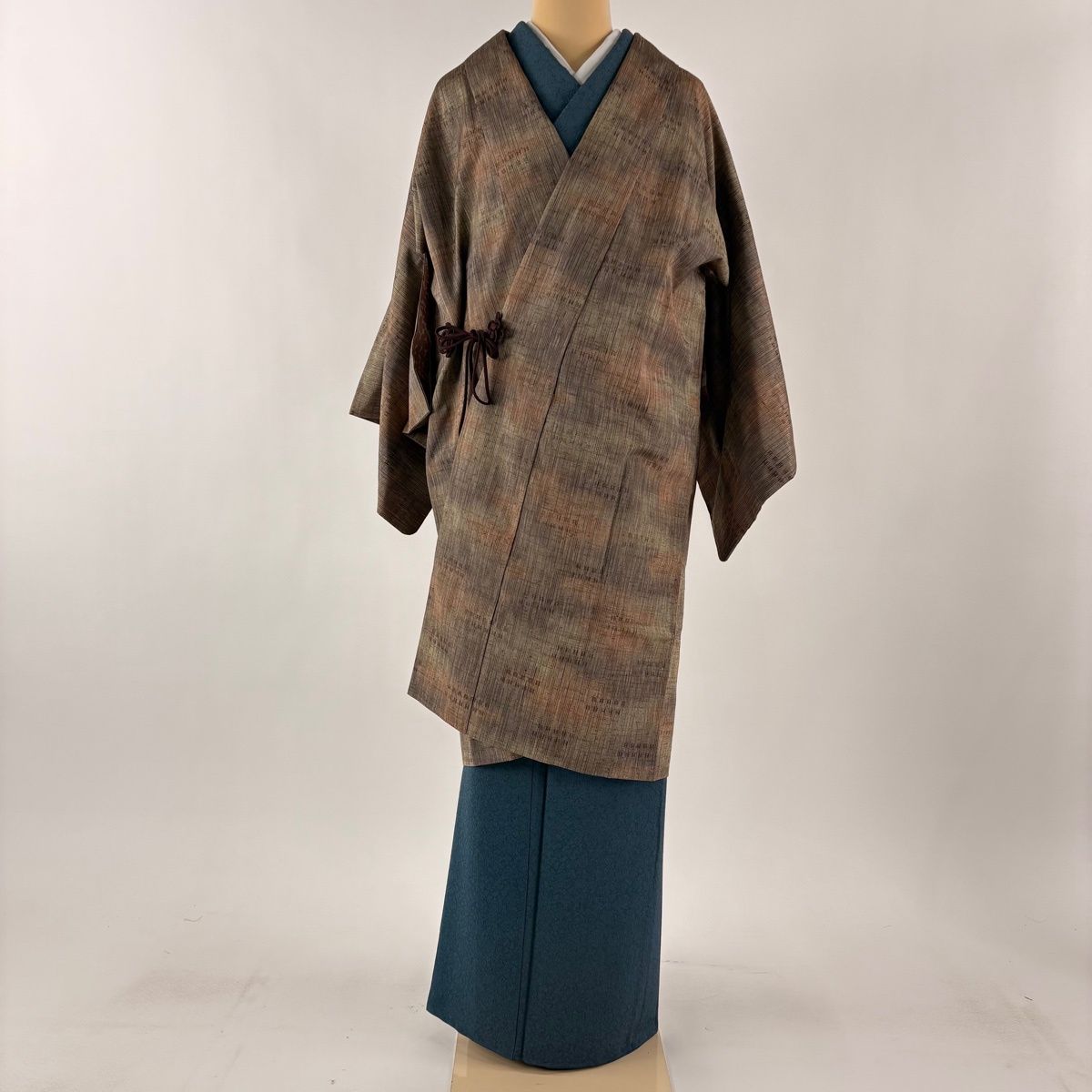 道中着 身丈102.5 cm 裄丈63.5 S 和装コート 信州紬地 証紙 幾何学模様 縞 灰緑 正絹