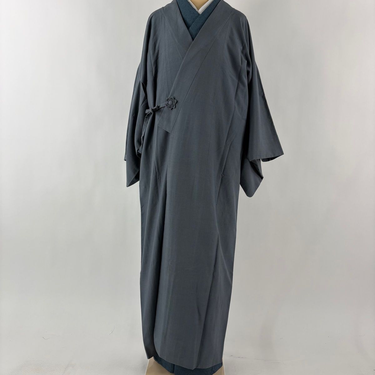 道中着 身丈137.5 cm 裄丈67.5 L 和装コート 着物衿 紬地 青灰色 正絹