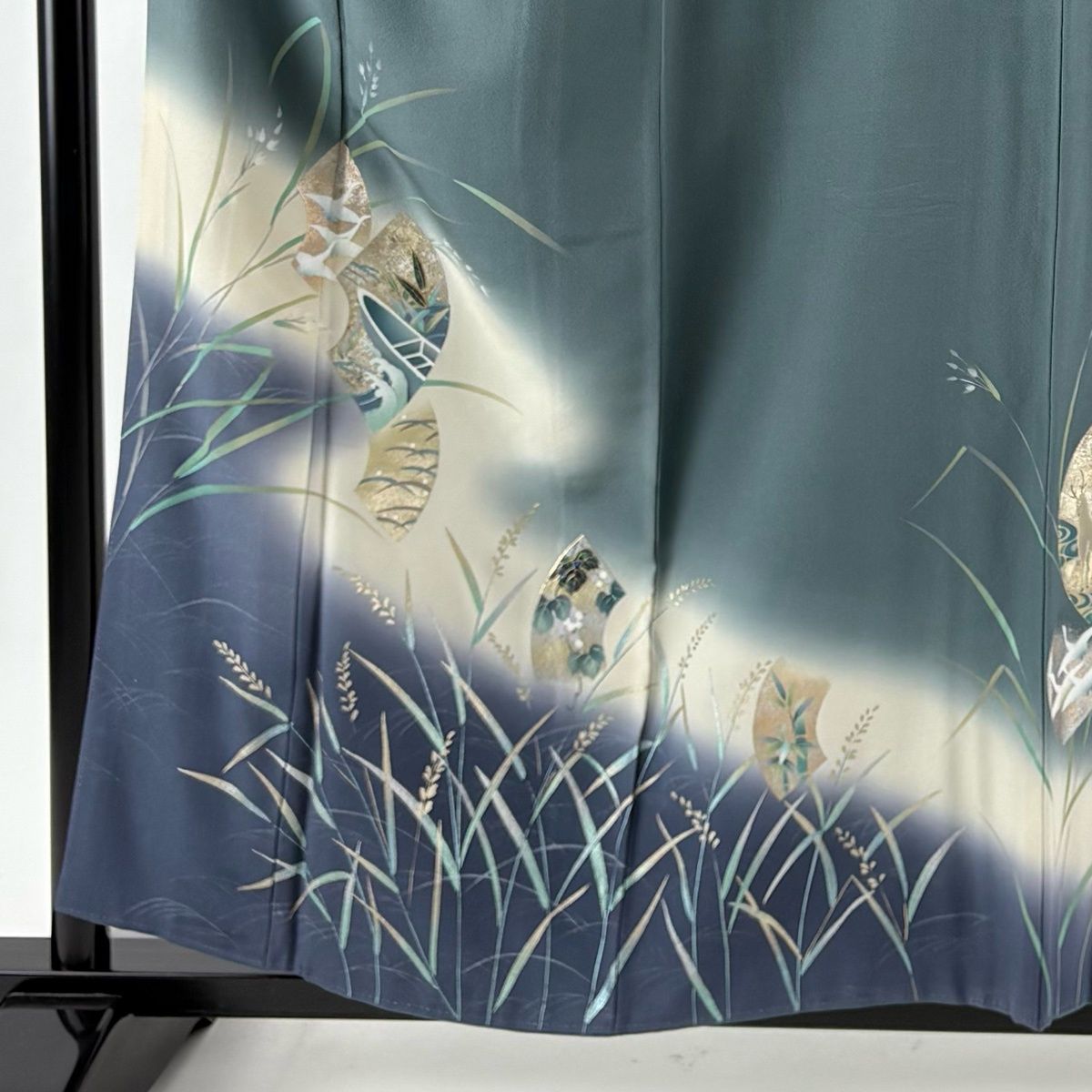 訪問着 身丈158 cm 裄丈63.5 S 袷 落款 舟 鶴 螺鈿 金銀彩 灰緑 正絹