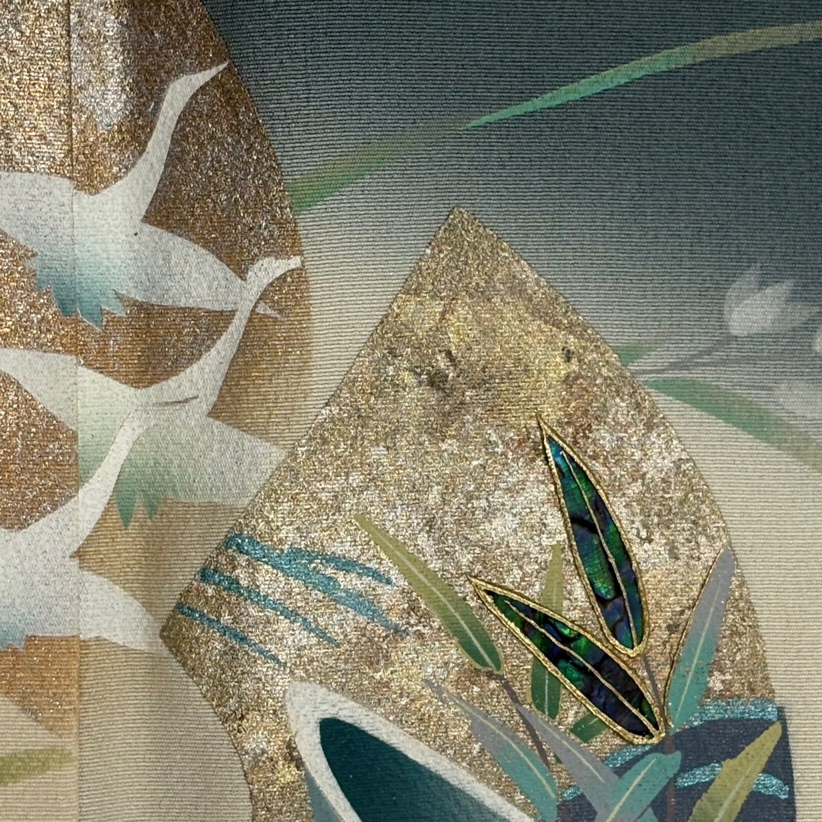  訪問着 身丈158 cm 裄丈63.5 S 袷 落款 舟 鶴 螺鈿 金銀彩 灰緑 正絹 訪問着 付け下げ 着物