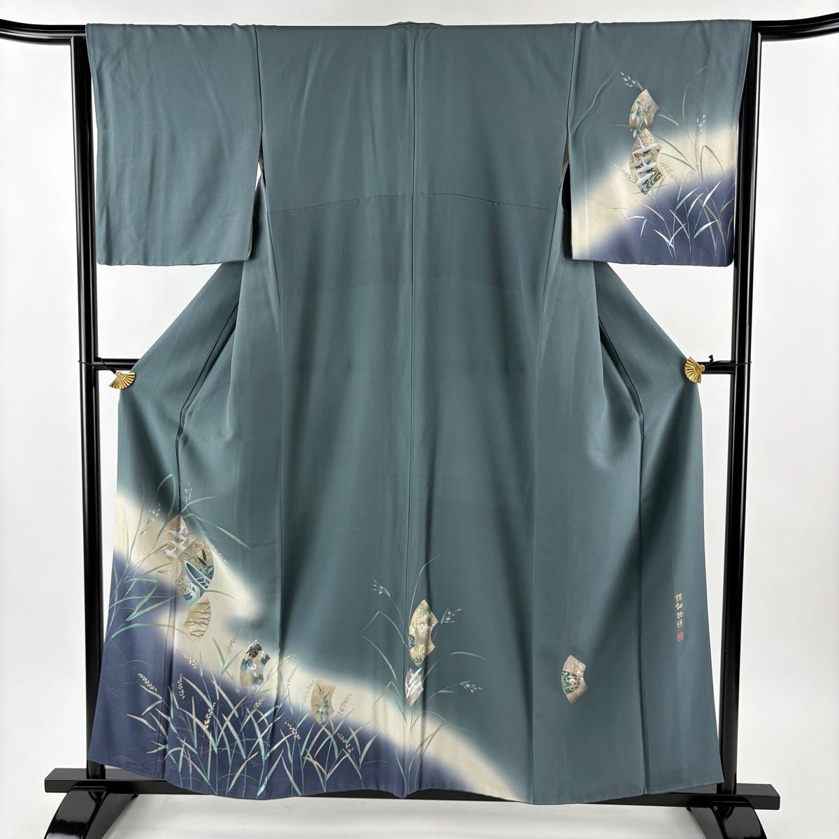 訪問着 身丈158cm 裄丈63.5cm S 袷 落款 舟 鶴 螺鈿 金銀彩 灰緑 正絹