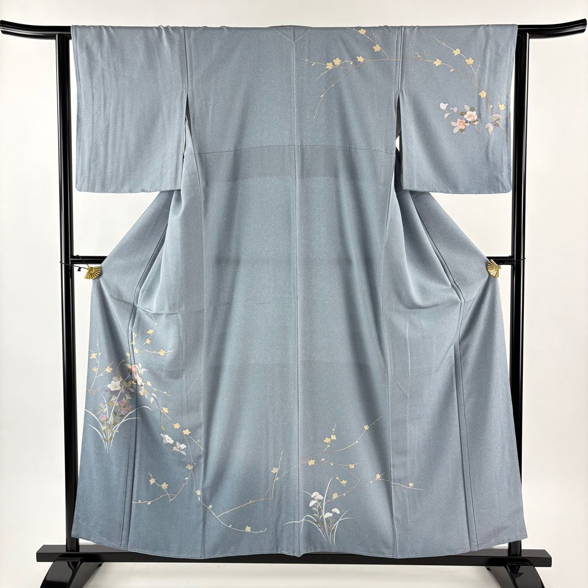 訪問着 身丈158 cm 裄丈63.5 S 袷 椿 草花 ぼかし 青灰色 正絹