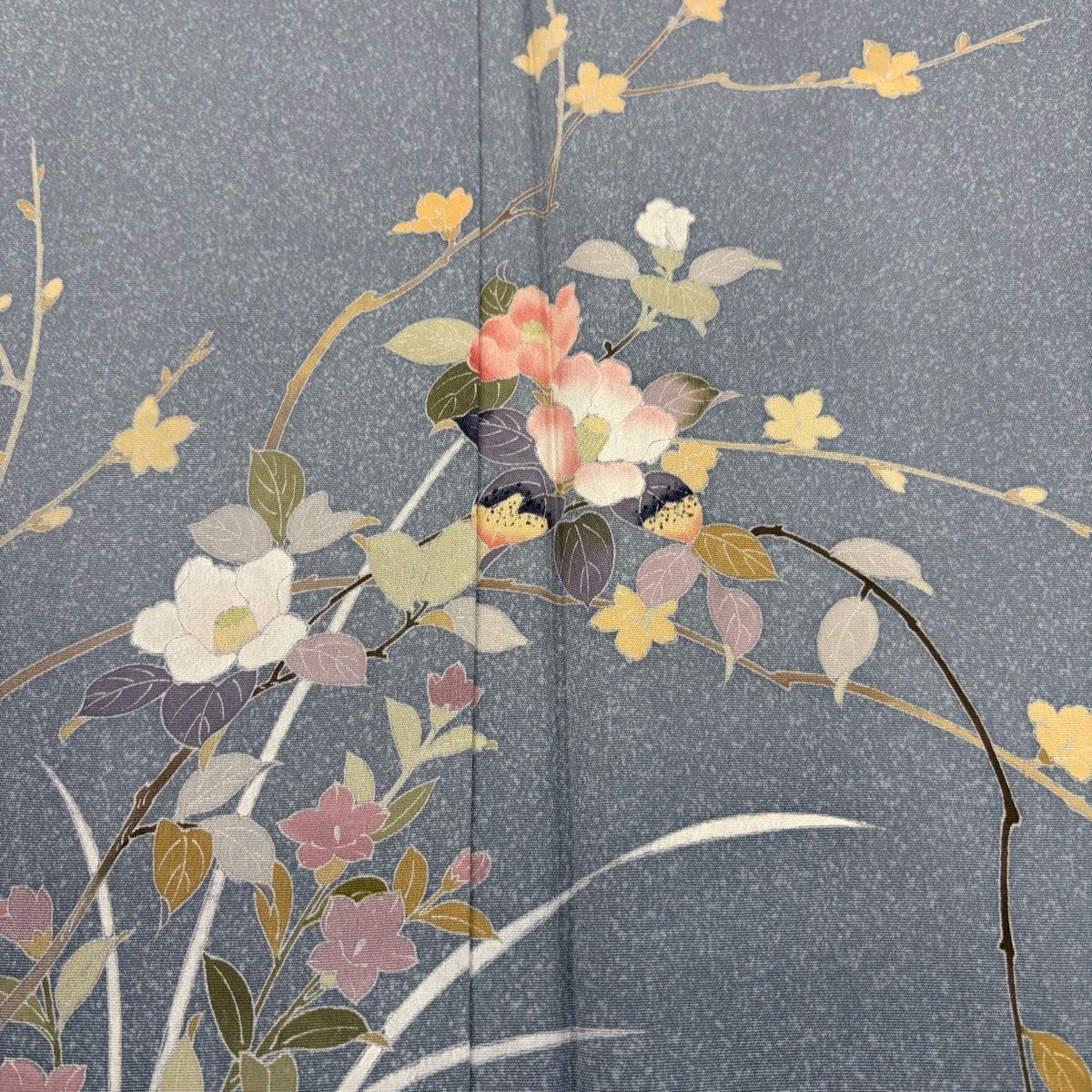  訪問着 身丈158 cm 裄丈63.5 S 袷 椿 草花 ぼかし 青灰色 正絹 訪問着 付け下げ 着物
