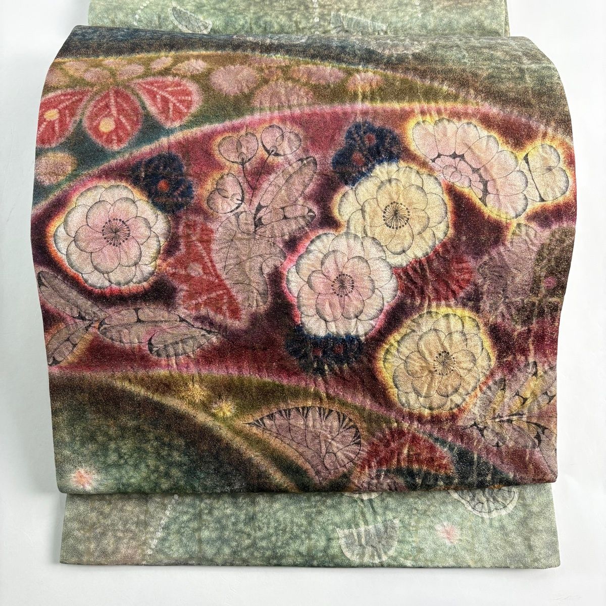 美品】 袋帯 名品 落款 辻が花 草花 箔 ぼかし 茶紫 お太鼓柄 正絹