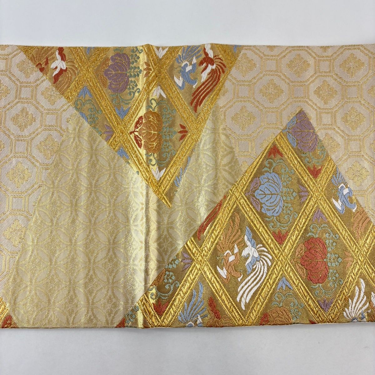 美品】 袋帯 名品 川島織物 落款 桐 鳥 金糸 箔 ベージュ 六通 正絹