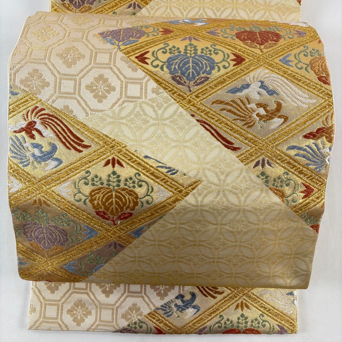 408my12◇川島織物 蘭 カトレヤ 金糸 銀糸 六通 本袋帯◇美品 美品】 袋帯 名品 川島織物 落款 桐 鳥 金糸 箔 ベージュ 六通 正絹